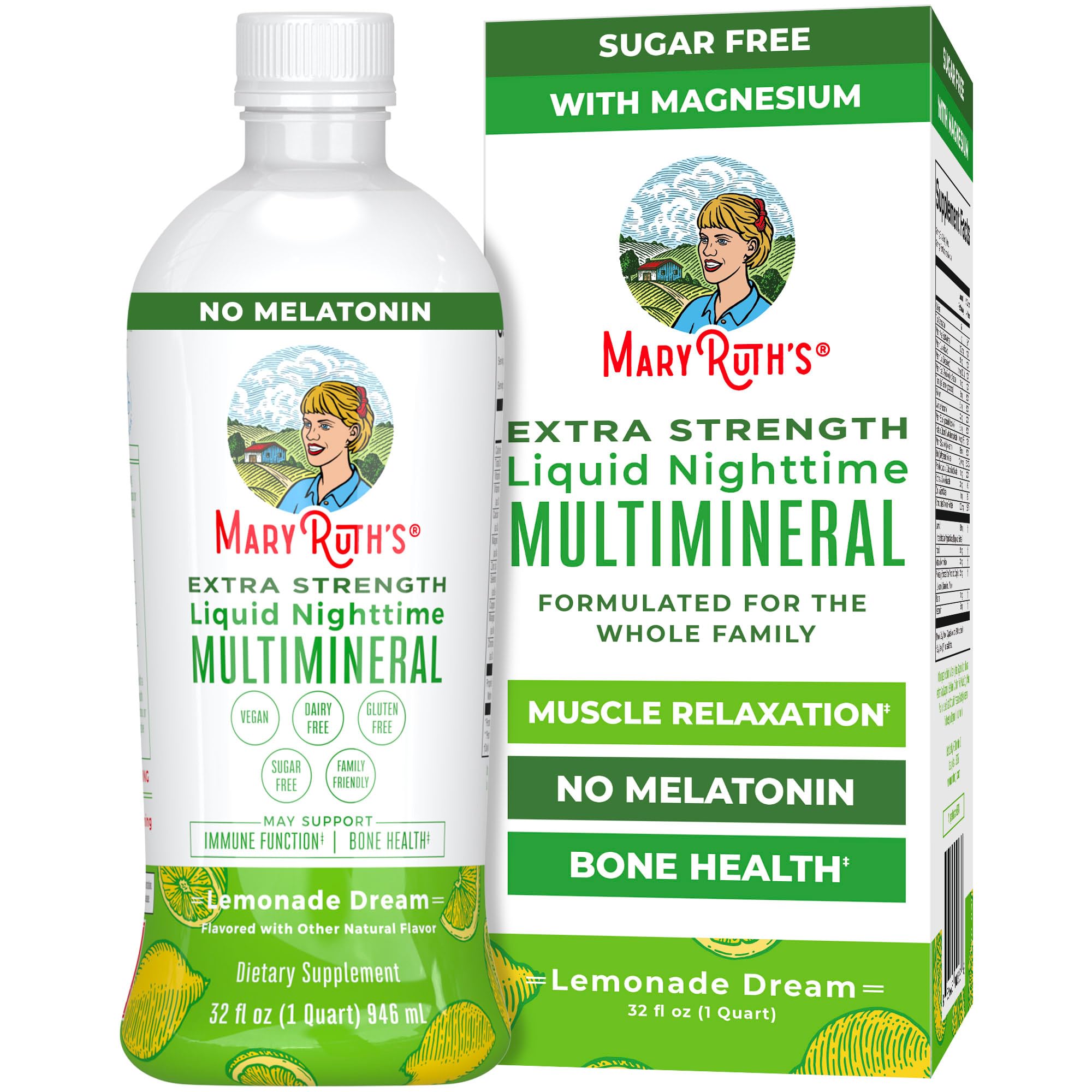 MaryRuth's Nighttime Multimineral bottle front, sugar-free vegan formula for evening use.