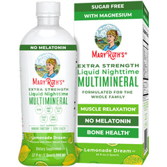 MaryRuth's Nighttime Multimineral bottle front, sugar-free vegan formula for evening use.