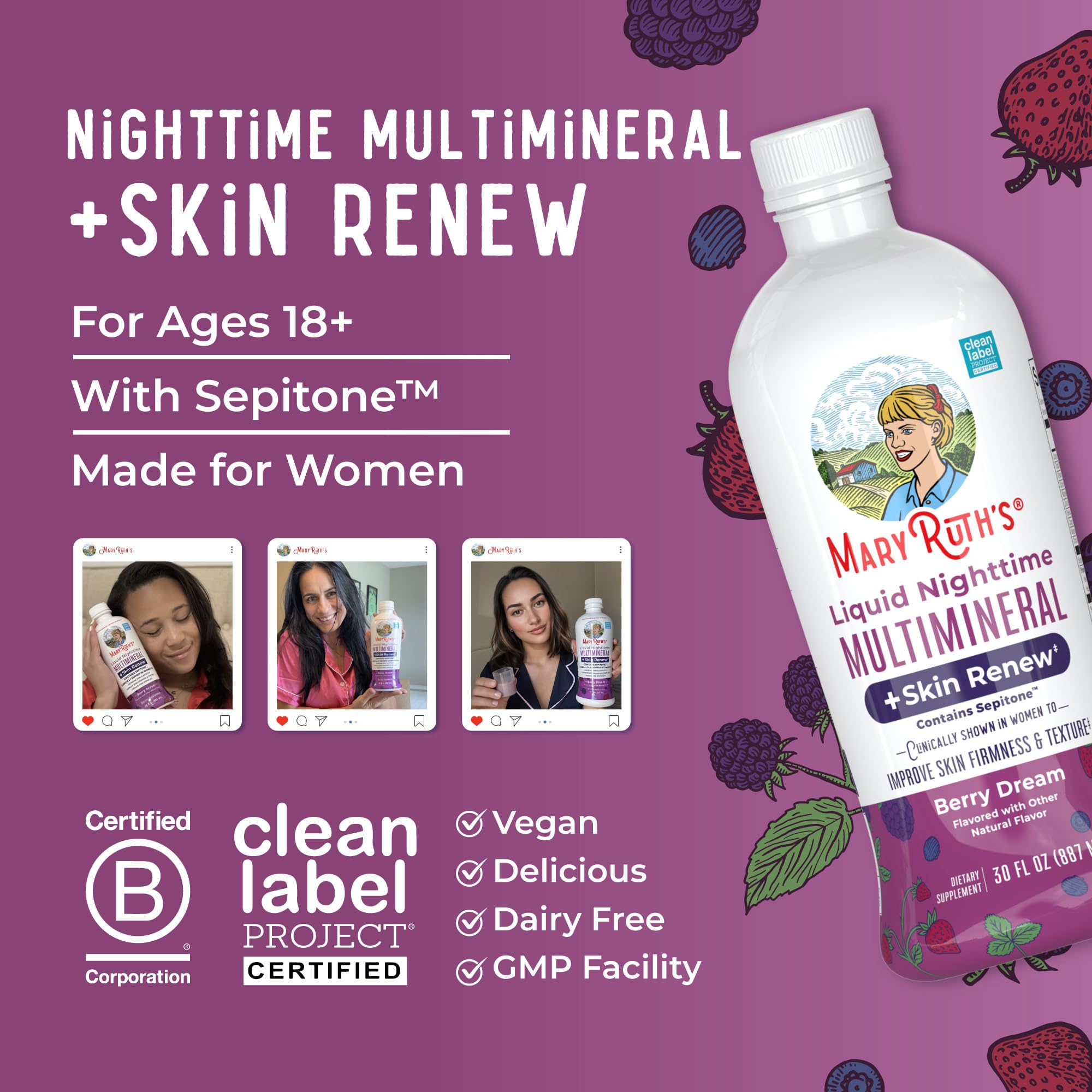MaryRuth's Nighttime Multimineral bottle highlights dairy-free and gluten-free attributes.