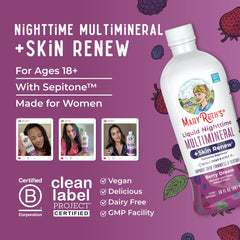 MaryRuth's Nighttime Multimineral bottle highlights dairy-free and gluten-free attributes.