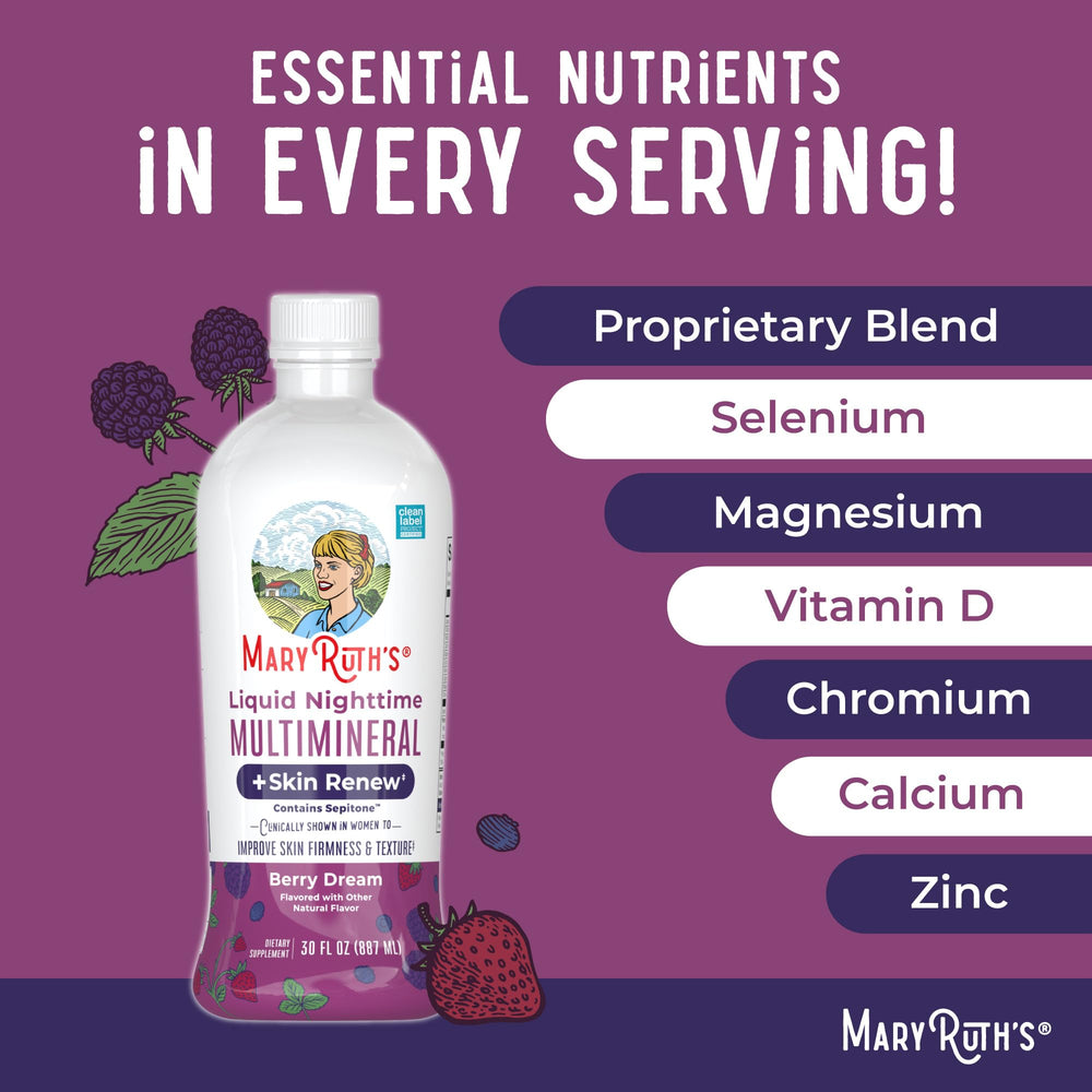 MaryRuth's Nighttime Multimineral packaging shows vegan and non-GMO certifications.