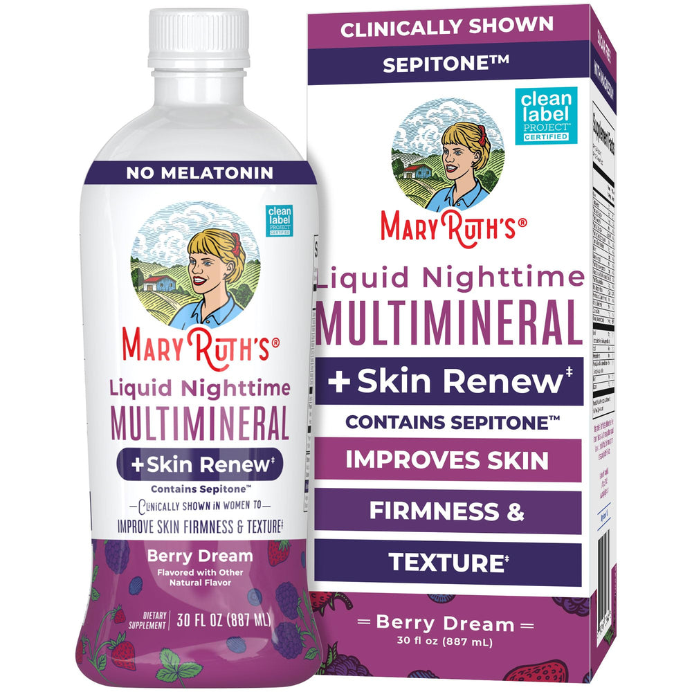 MaryRuth's Nighttime Multimineral bottle for a bedtime skincare routine.