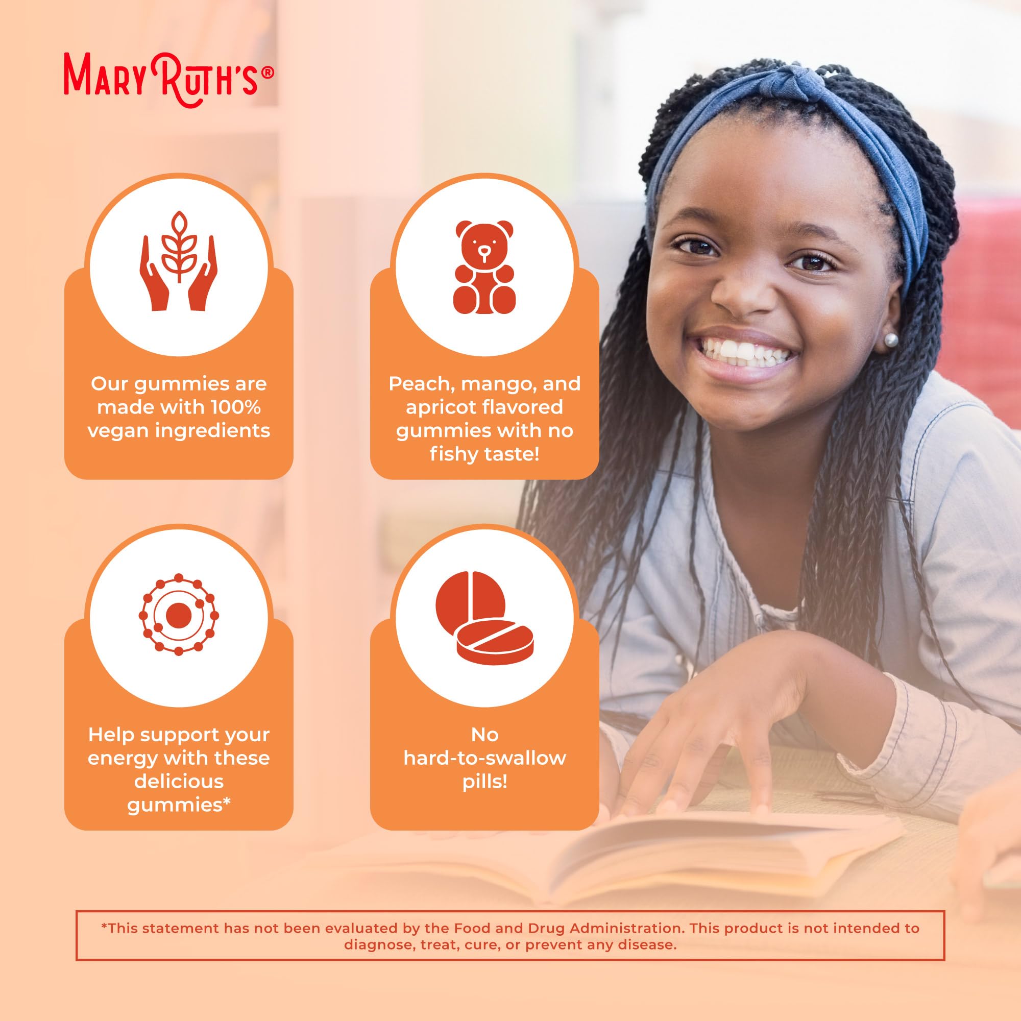MaryRuth's Non-GMO, gelatin-free vegan omega gummies label.