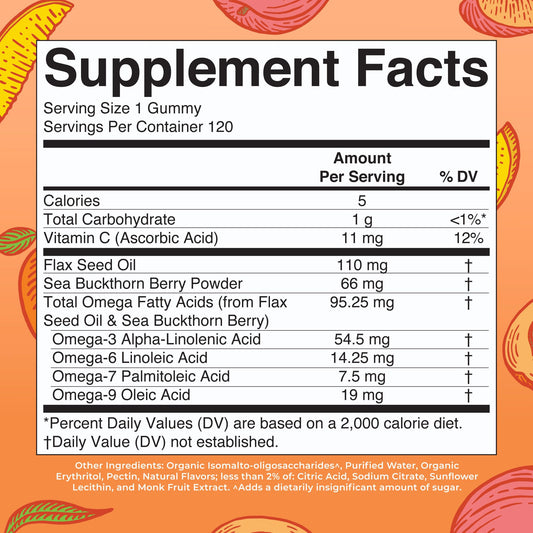 MaryRuth's Omega gummies peach-mango-apricot flavor pack for easy daily use.