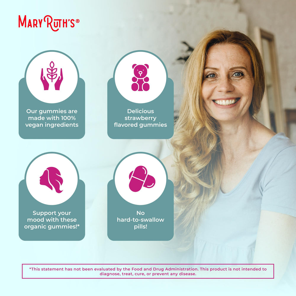 MaryRuth's Organic Menopause Gummies ingredient label shows Maca Root and Black Cohosh for traditional herbal support.