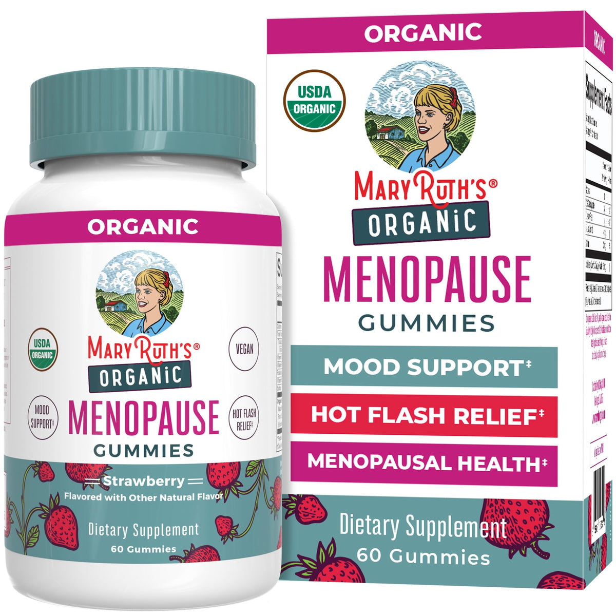 MaryRuth's Organic Menopause Gummies in a jar offer convenient daily mood and hot flash support.