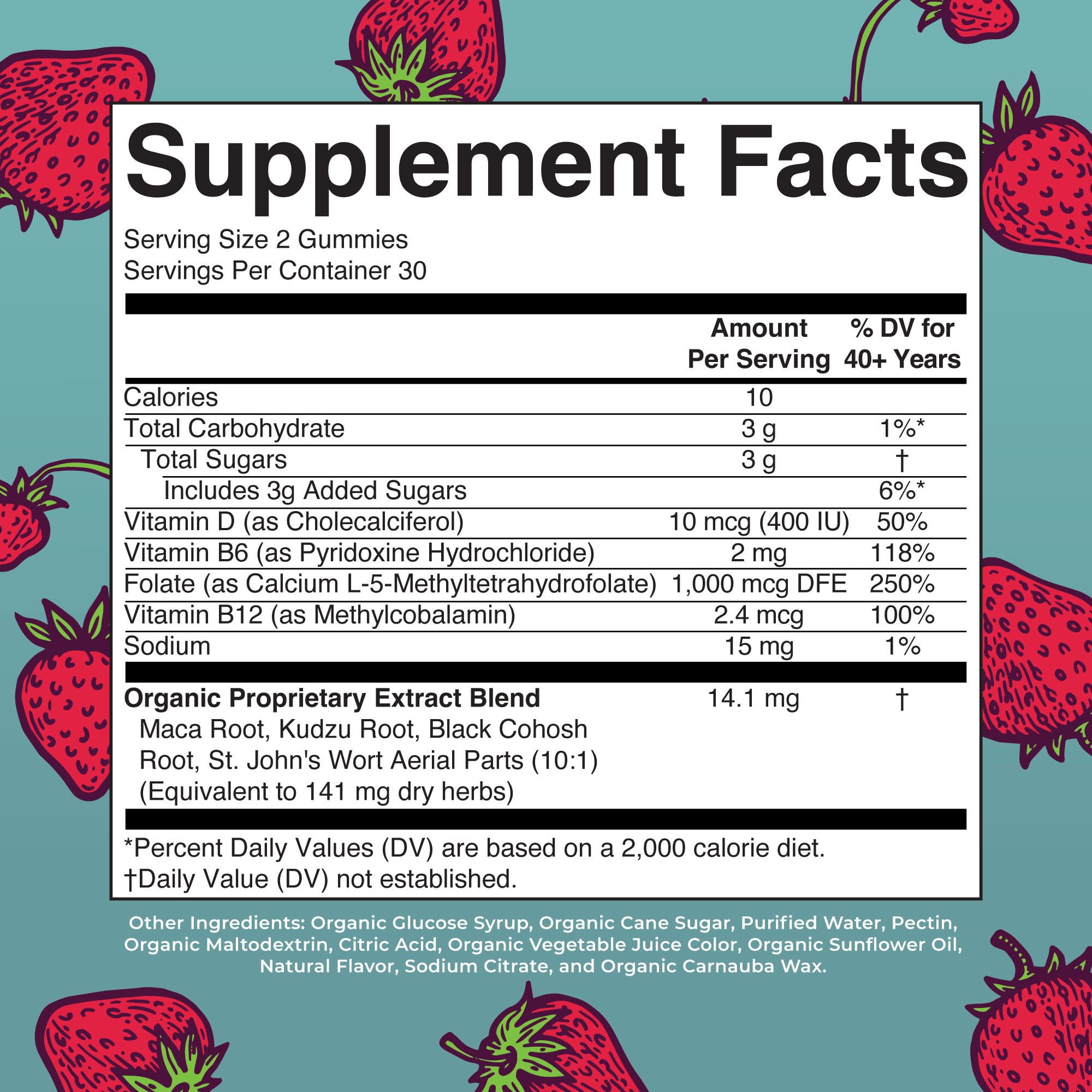 Close-up of MaryRuth's Organic Menopause Gummies label highlighting USDA Organic and vegan ingredients.