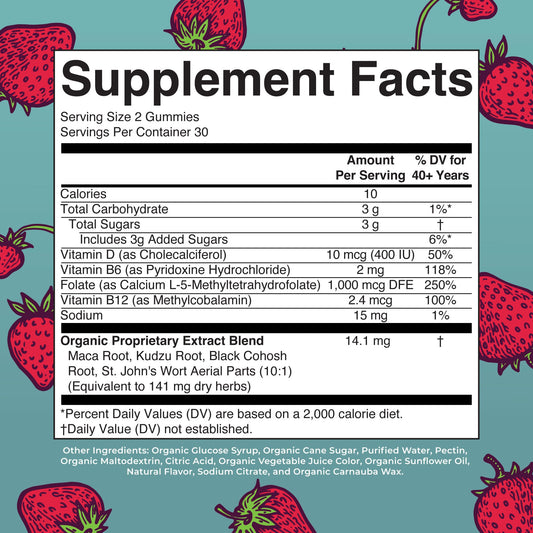 Close-up of MaryRuth's Organic Menopause Gummies label highlighting USDA Organic and vegan ingredients.