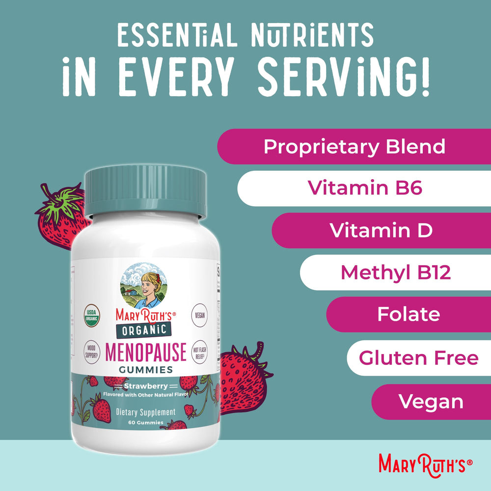 Graphic on MaryRuth's Gummies highlights vitamins D, B6, B12 and folate for energy support.