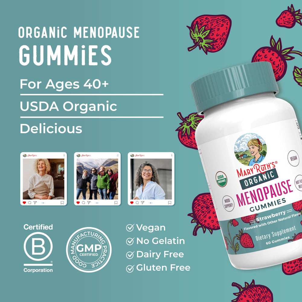 Two gummies on a hand with MaryRuth's Organic Menopause Gummies illustrate a simple daily habit.