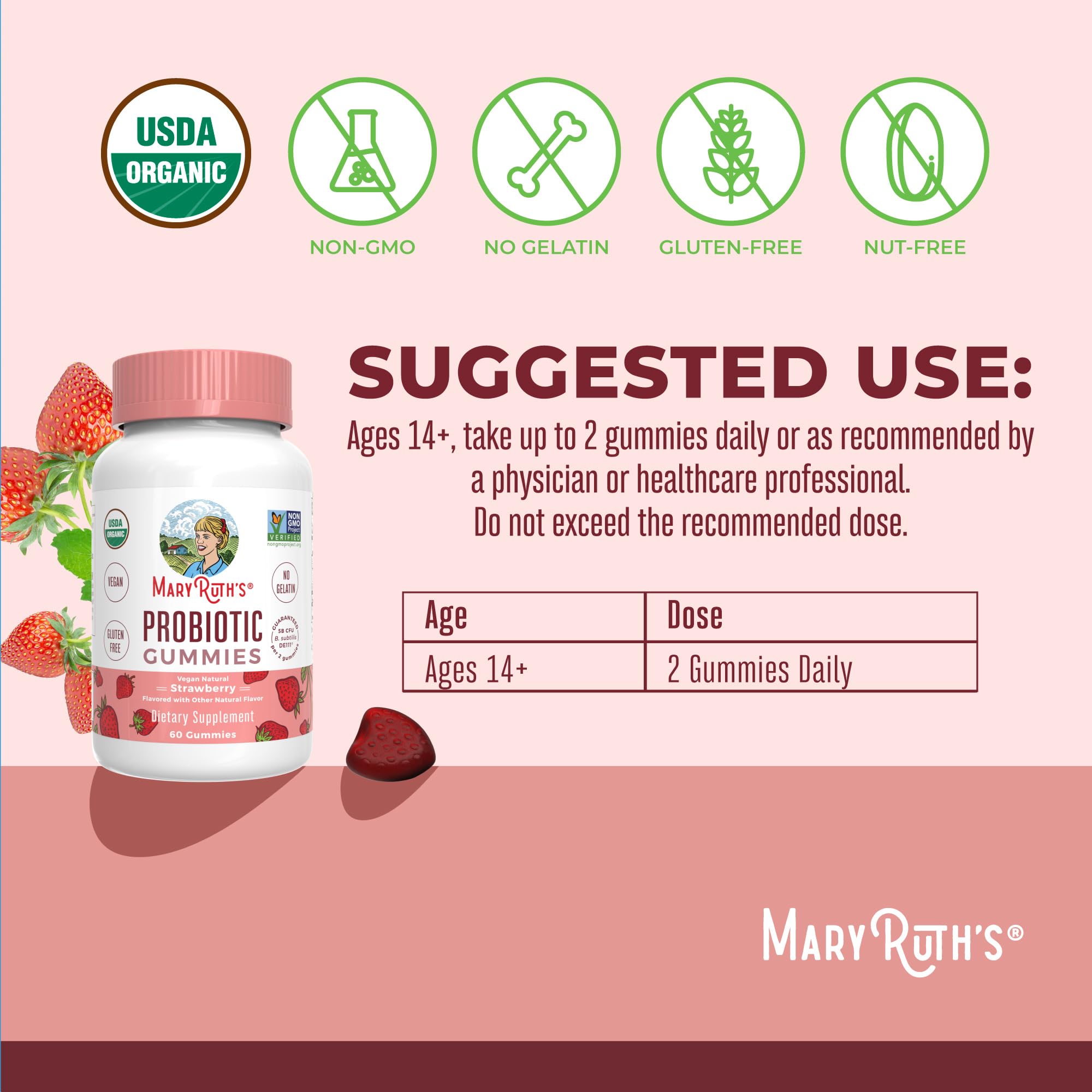 MARYRUTH'S Organic Probiotic Gummies closeup gummies emphasizing strawberry flavor