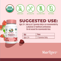 MARYRUTH'S Organic Probiotic Gummies closeup gummies emphasizing strawberry flavor