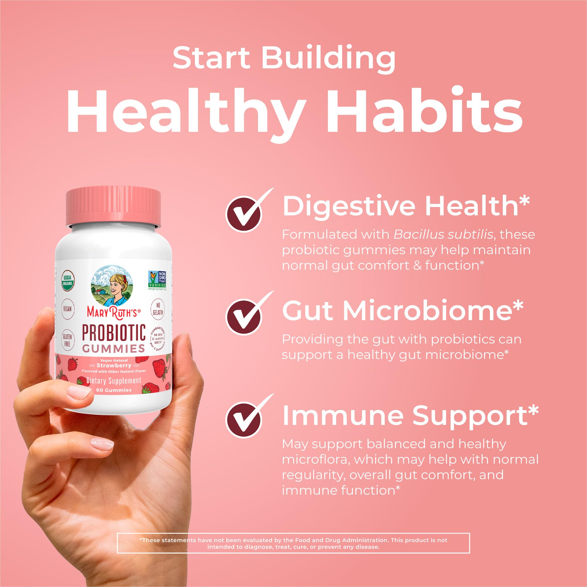 MARYRUTH'S Organic Probiotic Gummies ingredients panel highlighting Bacillus subtilis and organic cane sugar