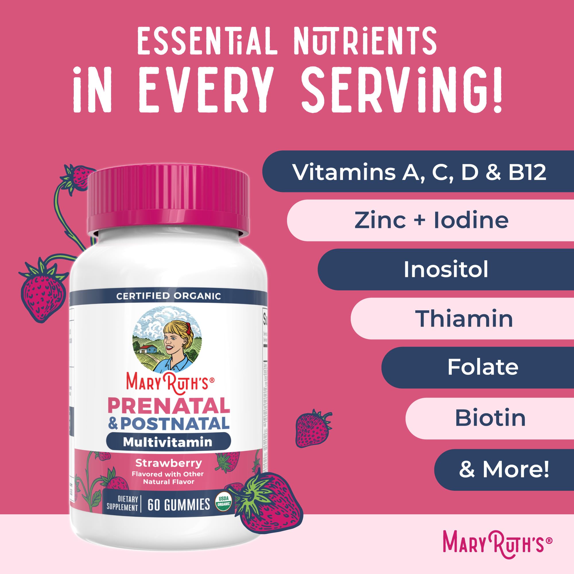 MaryRuth's prenatal bottle and label emphasizing USDA Organic certification.