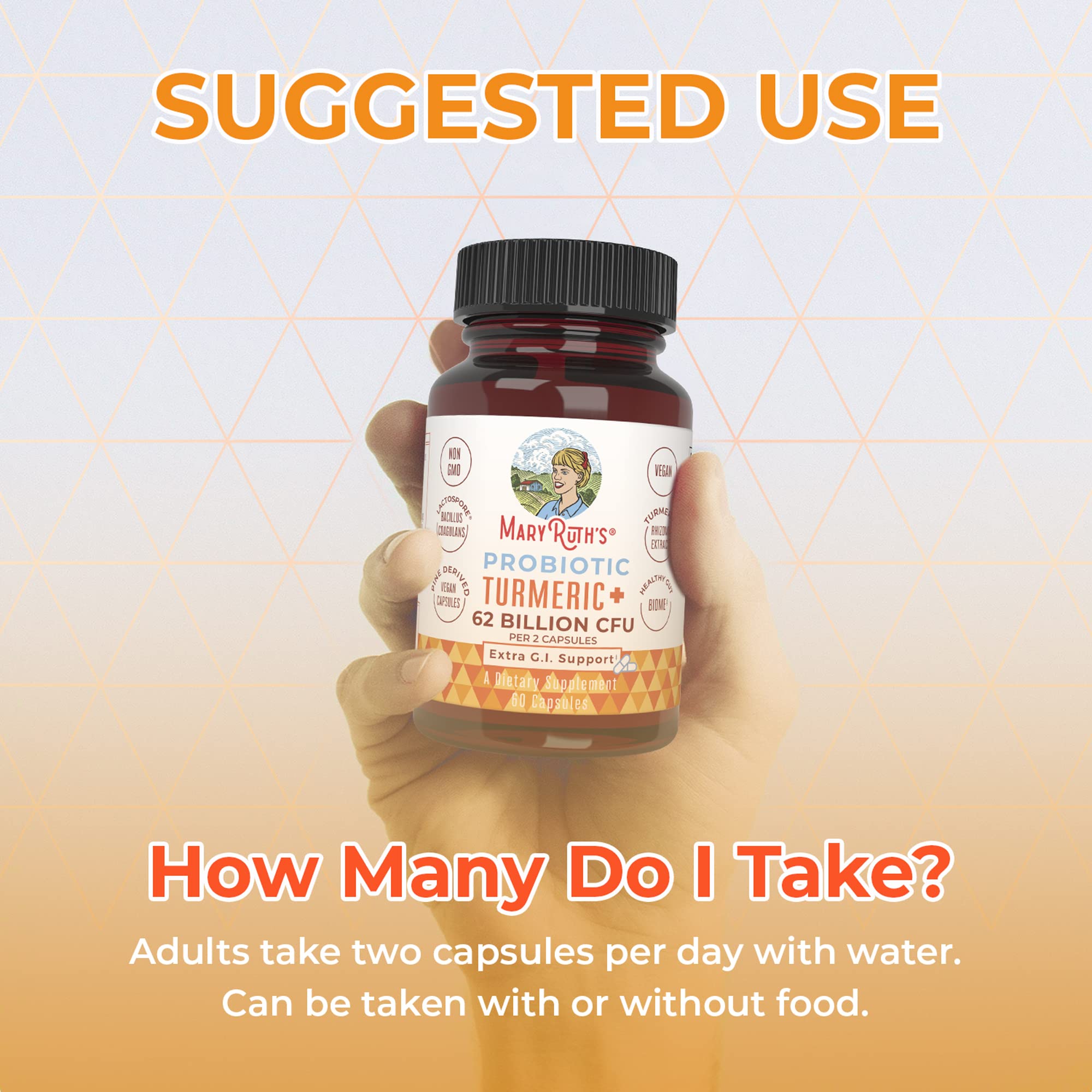 MARYRUTH'S organic turmeric probiotic bottle side shows allergen-friendly formula