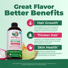 Peach mango flavored liquid multivitamin bottle emphasizes pleasant daily flavor.