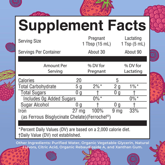 MaryRuth’s Prenatal Iron Liquid bottle back with supplement details and allergen info