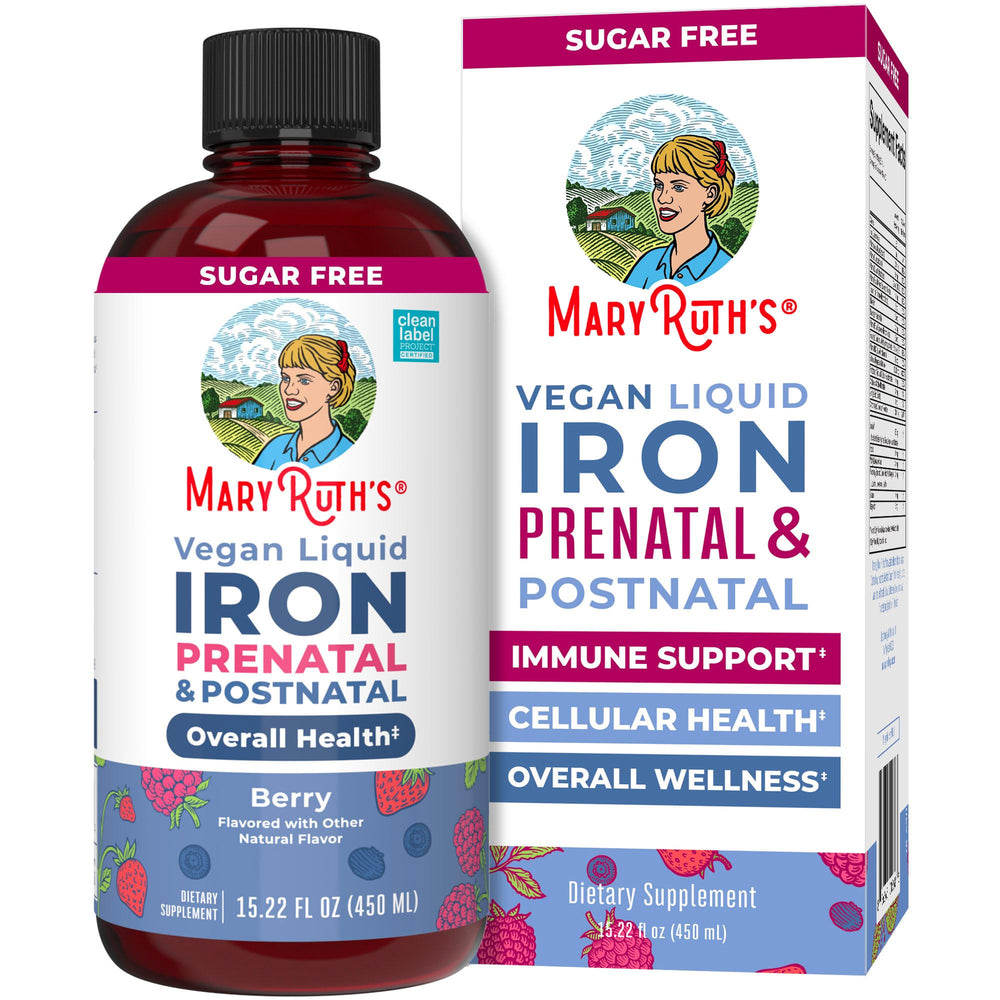 MaryRuth’s Prenatal Iron Liquid bottle front showing berry flavor for daily use