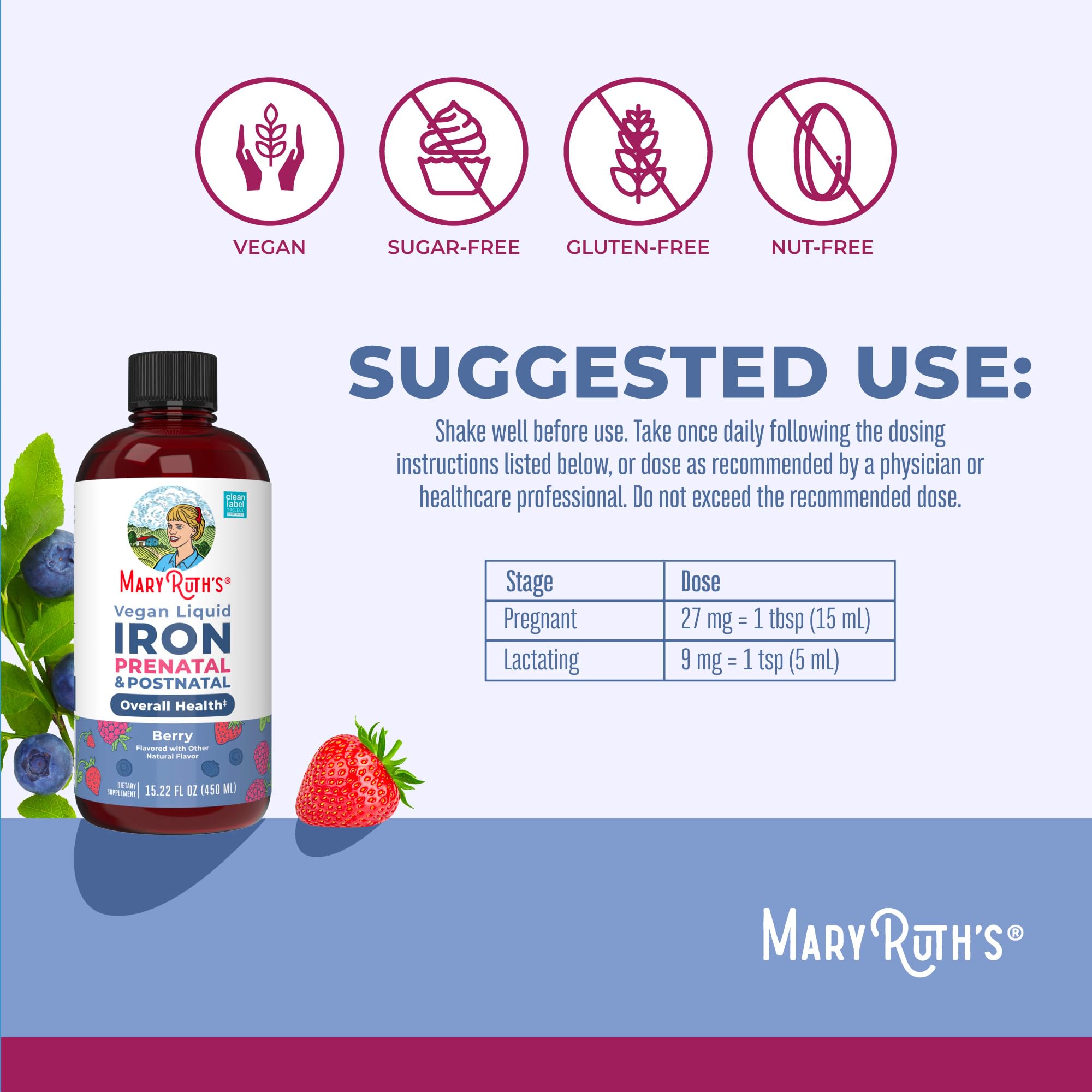 Dropper beside bottle demonstrates easy-to-use berry iron liquid for busy mornings