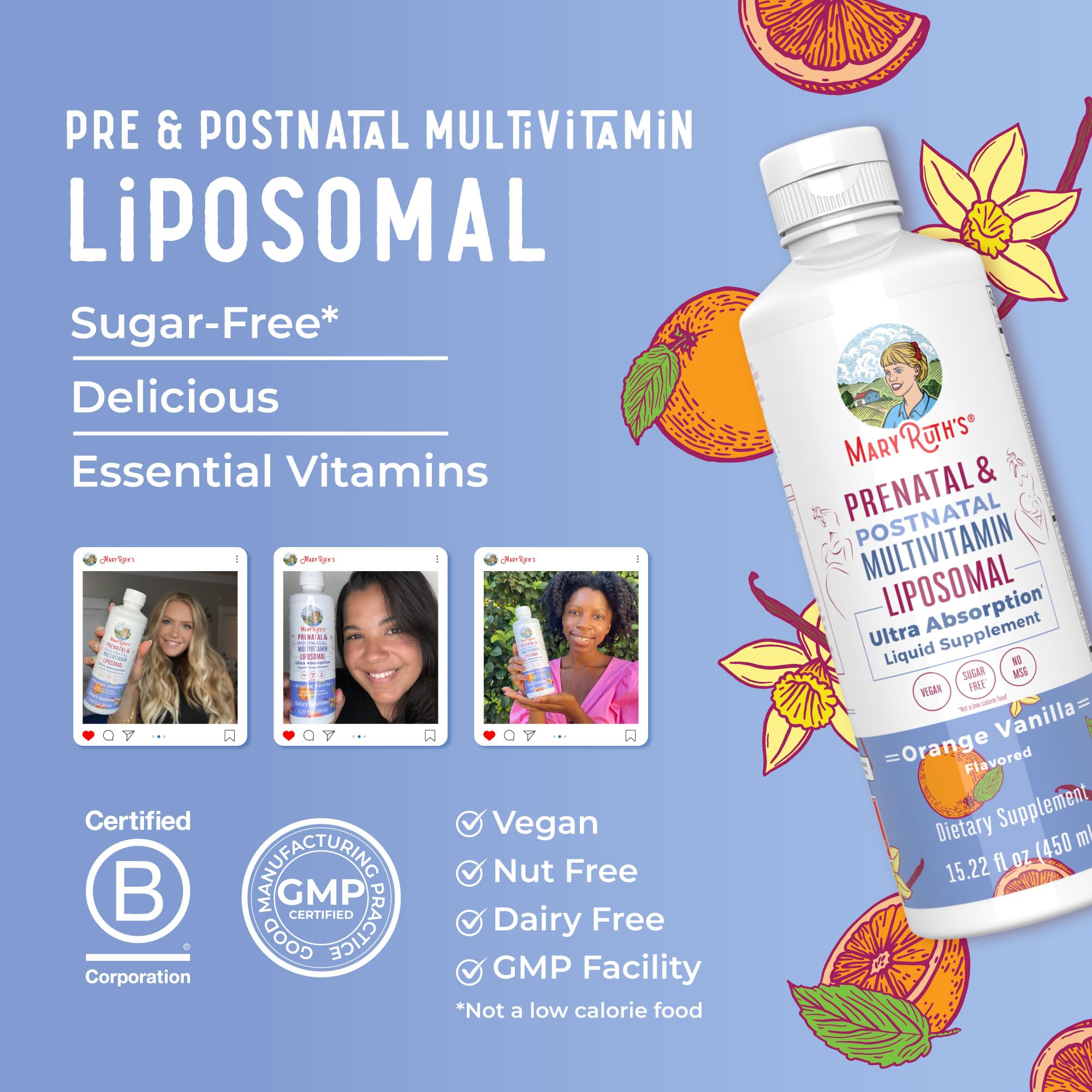 MaryRuth's Liposomal product label highlighting vegan and non-GMO
