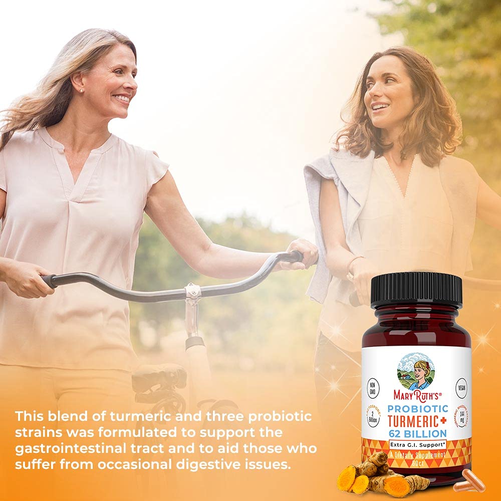 MARYRUTH'S probiotic turmeric bottle pour indicates standard two-capsule serving