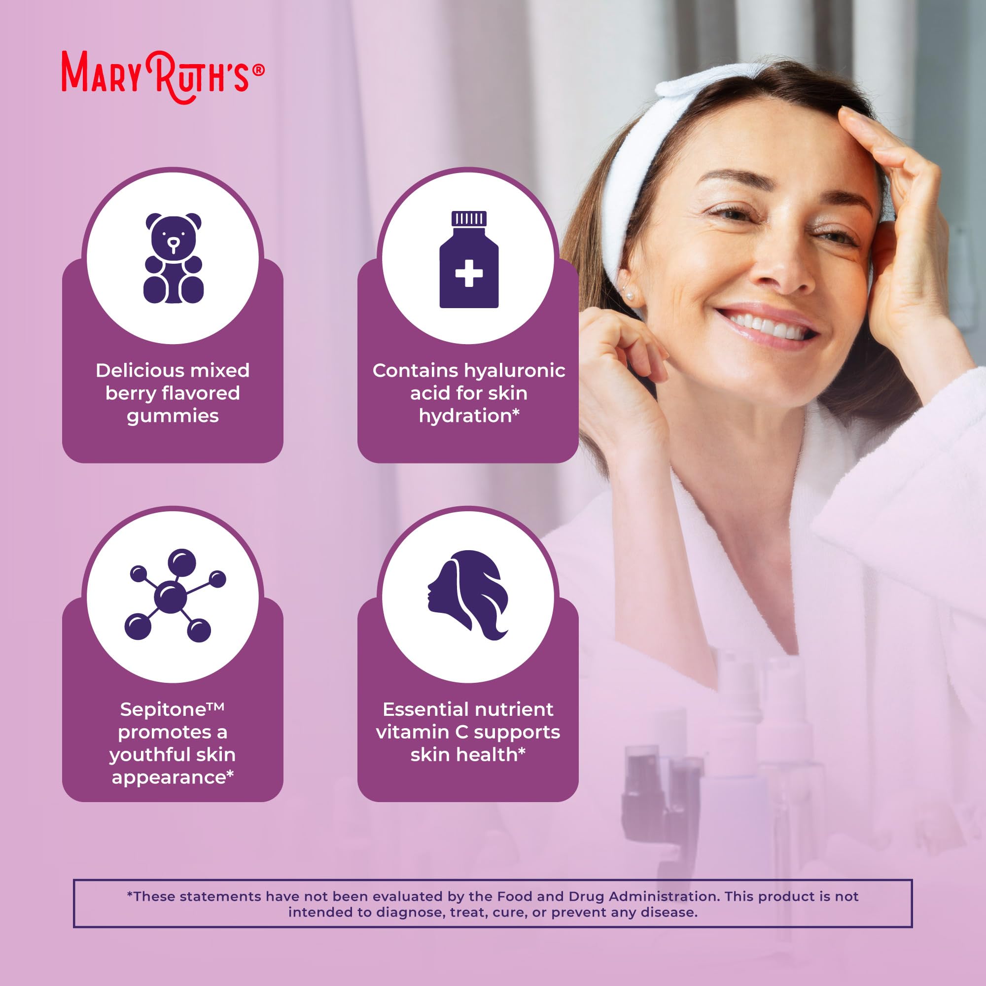 Hyaluronic acid cue beside MaryRuth's gummies indicating moisture boost.
