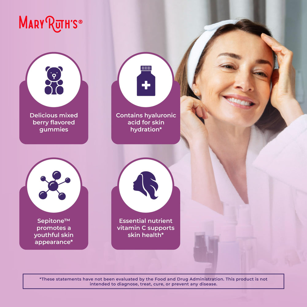 Hyaluronic acid cue beside MaryRuth's gummies indicating moisture boost.