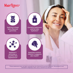 Hyaluronic acid cue beside MaryRuth's gummies indicating moisture boost.