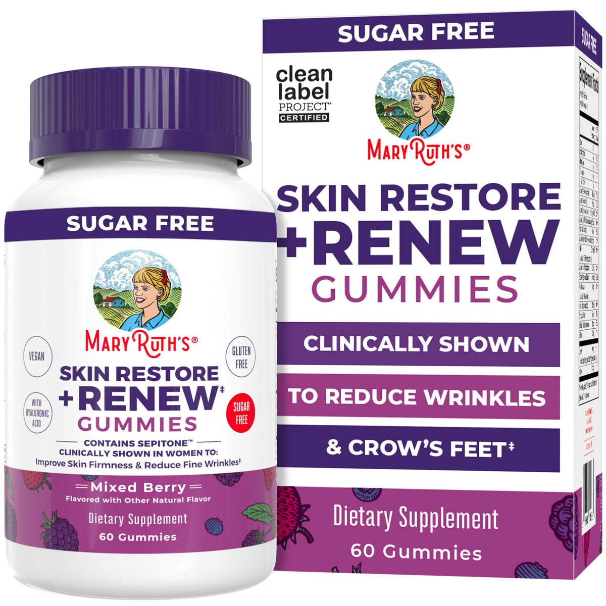 MaryRuth's Skin Restore + Renew gummies jar for daily hydration support.