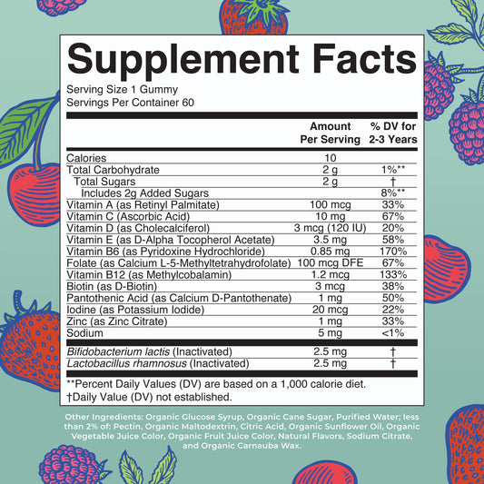 MaryRuth's Toddler Multivitamin Gummies berry flavor closeup highlighting tasty nutrition.