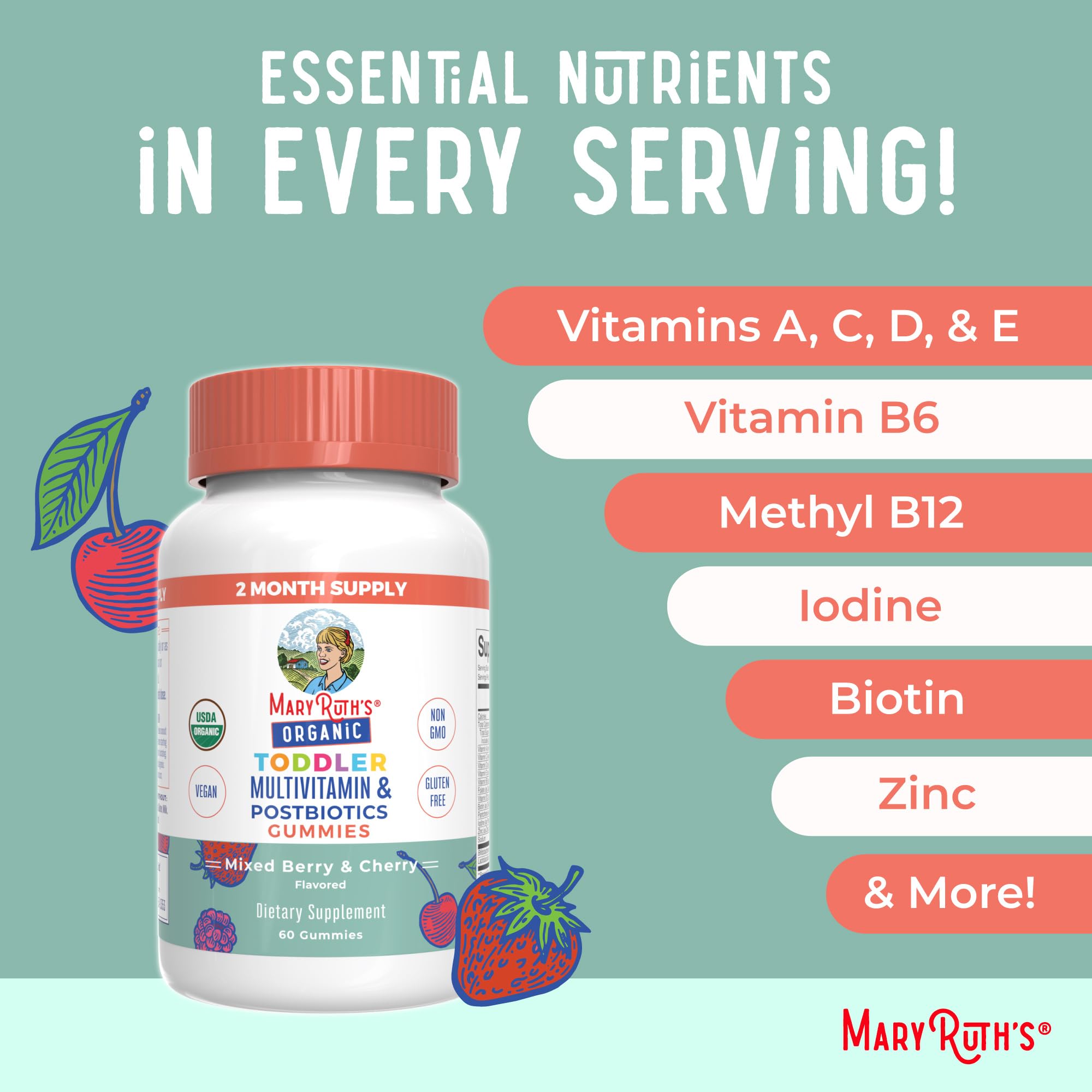 MaryRuth's Toddler Multivitamin Gummies vegan non-GMO with no gelatin.