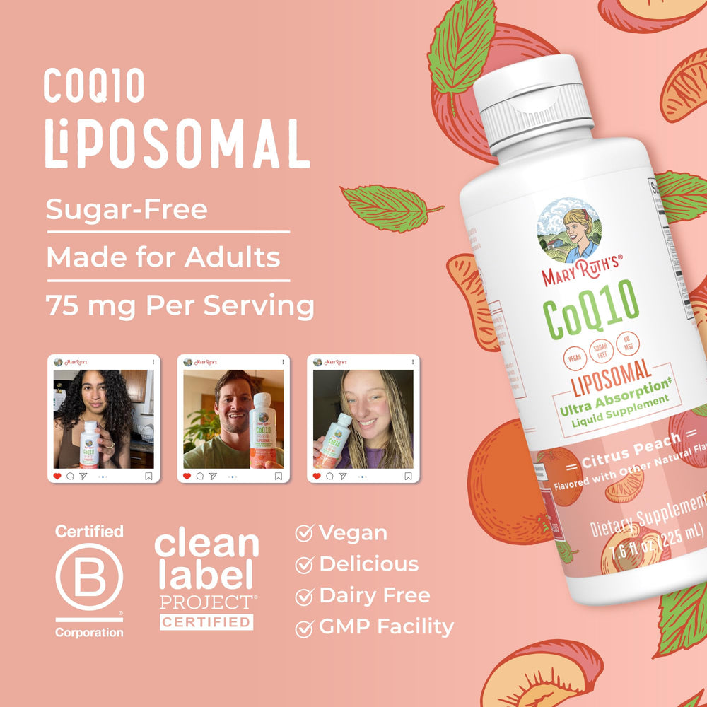 MaryRuth's vegan non-GMO badge on CoQ10 packaging.