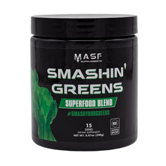 MASF Smashin' Greens bottle on kitchen counter for natural energy support