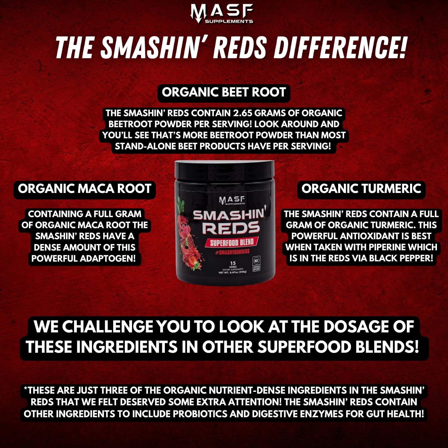MASF Smashin' Reds maca-turmeric-ginger blend—supports mood and endurance potential.