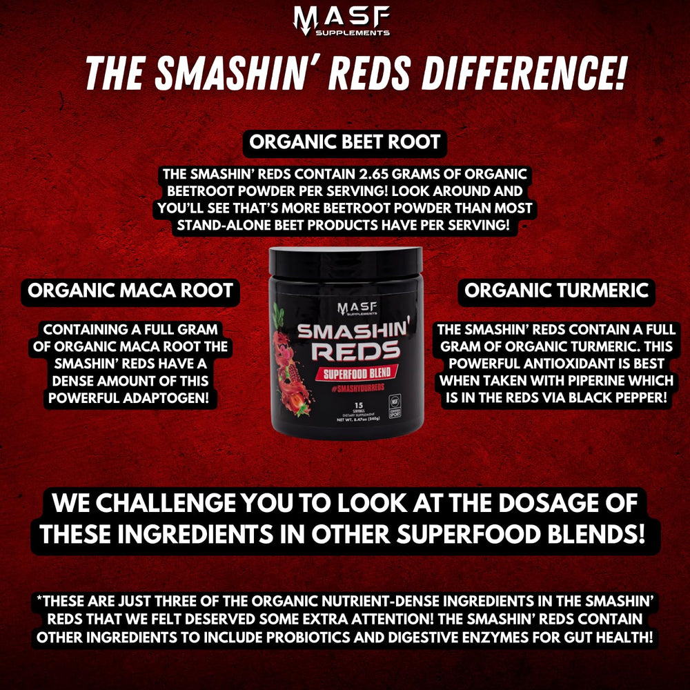 MASF Smashin' Reds maca-turmeric-ginger blend—supports mood and endurance potential.