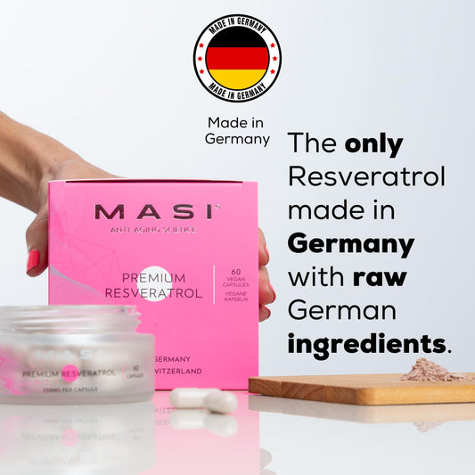 MASI Resveratrol bottle label highlights German sourcing and Swiss quality control for purity.
