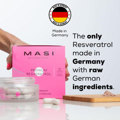 MASI Resveratrol bottle label highlights German sourcing and Swiss quality control for purity.