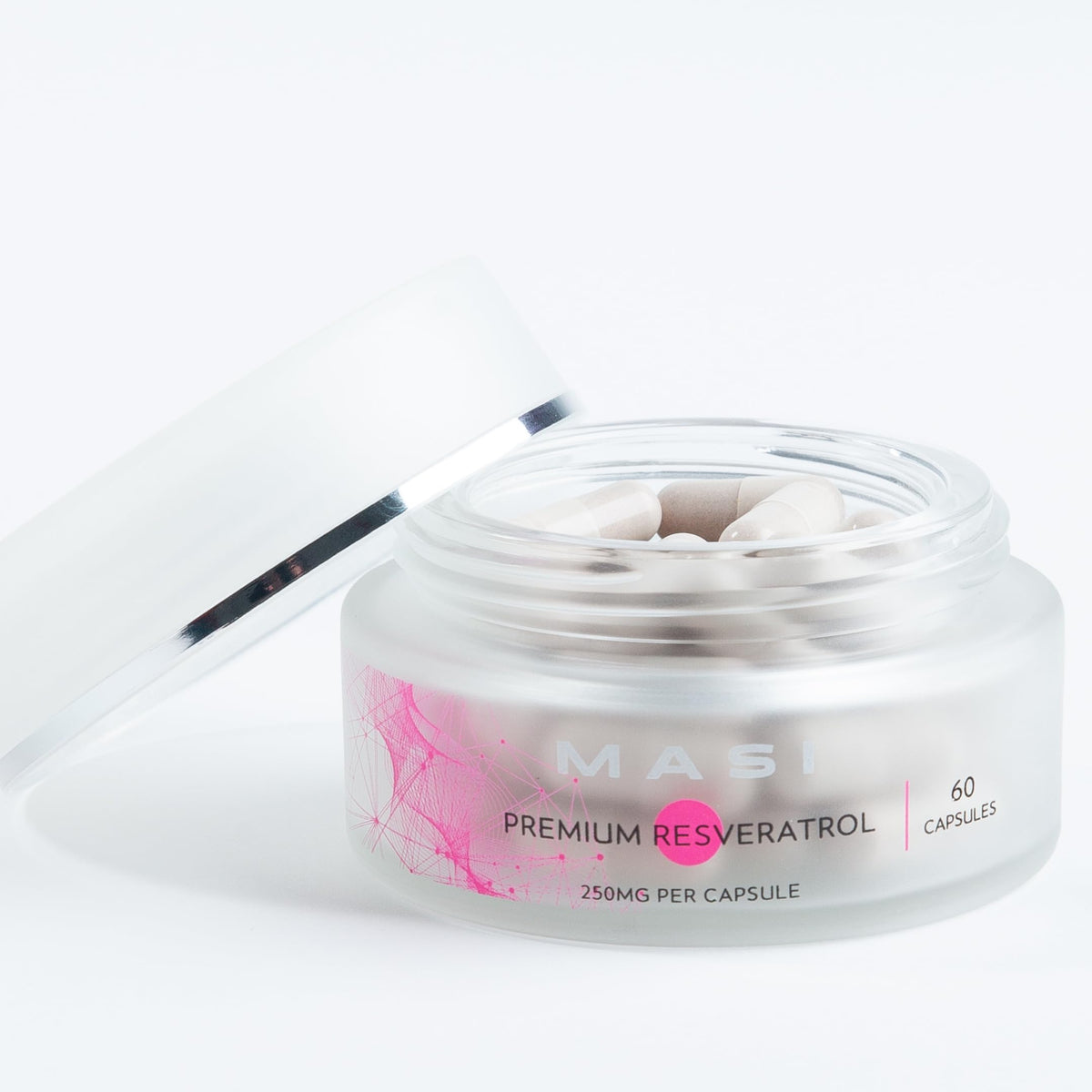 MASI Resveratrol capsule closeup highlights 250mg dose for daily antioxidant support.