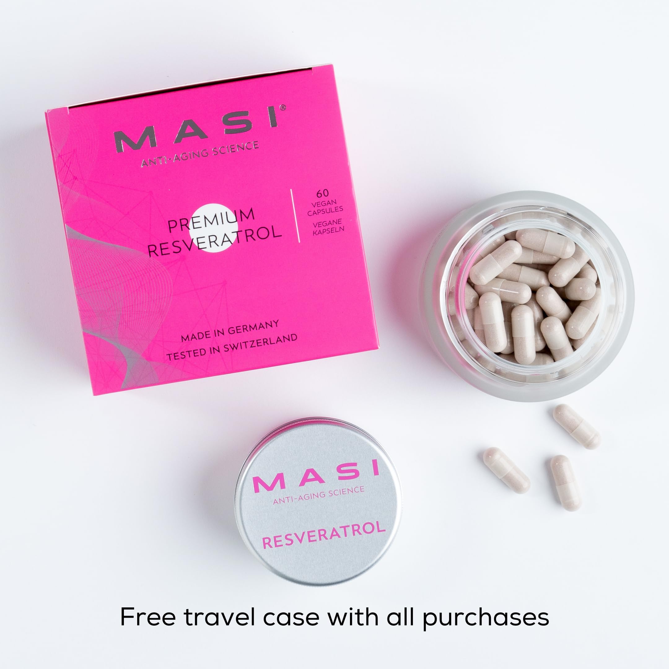 MASI Resveratrol vegan and non-GMO label signals clean sourcing.