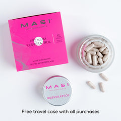 MASI Resveratrol vegan and non-GMO label signals clean sourcing.
