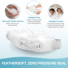 Masktouch nasal pillows sealing softly to minimize leaks during movement.