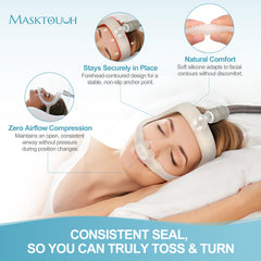 Masktouch soft silicone frame resting on the forehead for comfortable, stable support.