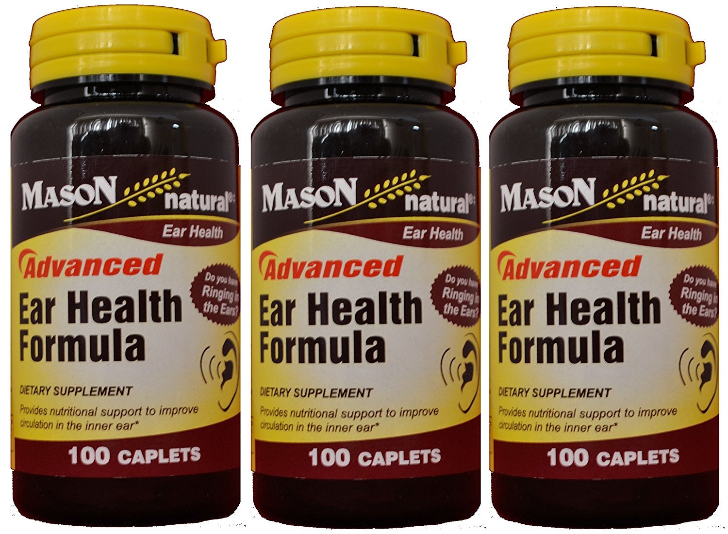 Mason Natural Advance Ear Health Formula bottle with caplets supporting daily ear health and circulation