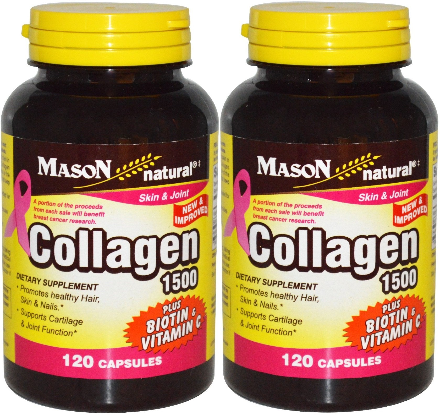 Mason Natural Collagen bottle with Vitamin C highlights hair, skin and nails health.