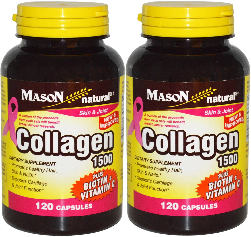 Mason Natural Collagen bottle with Vitamin C highlights hair, skin and nails health.