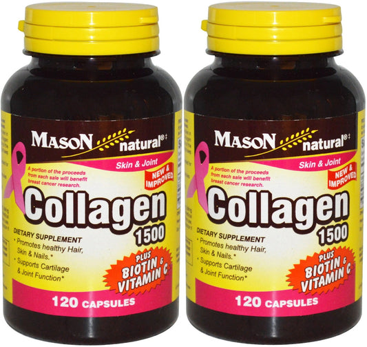 Mason Natural Collagen bottle with Vitamin C highlights hair, skin and nails health.
