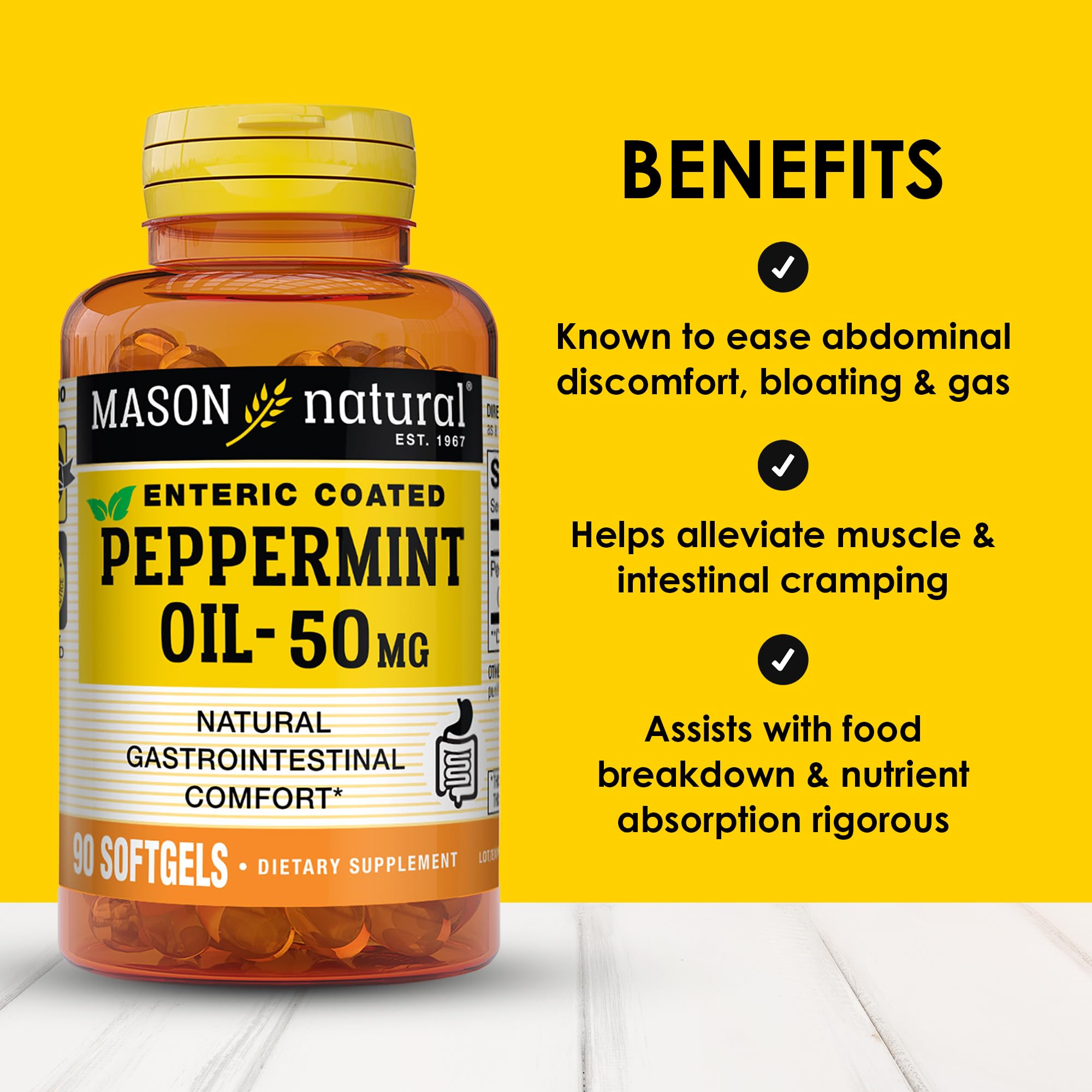 Mason Natural enteric-coated peppermint oil capsule dissolves in the intestines for targeted relief.