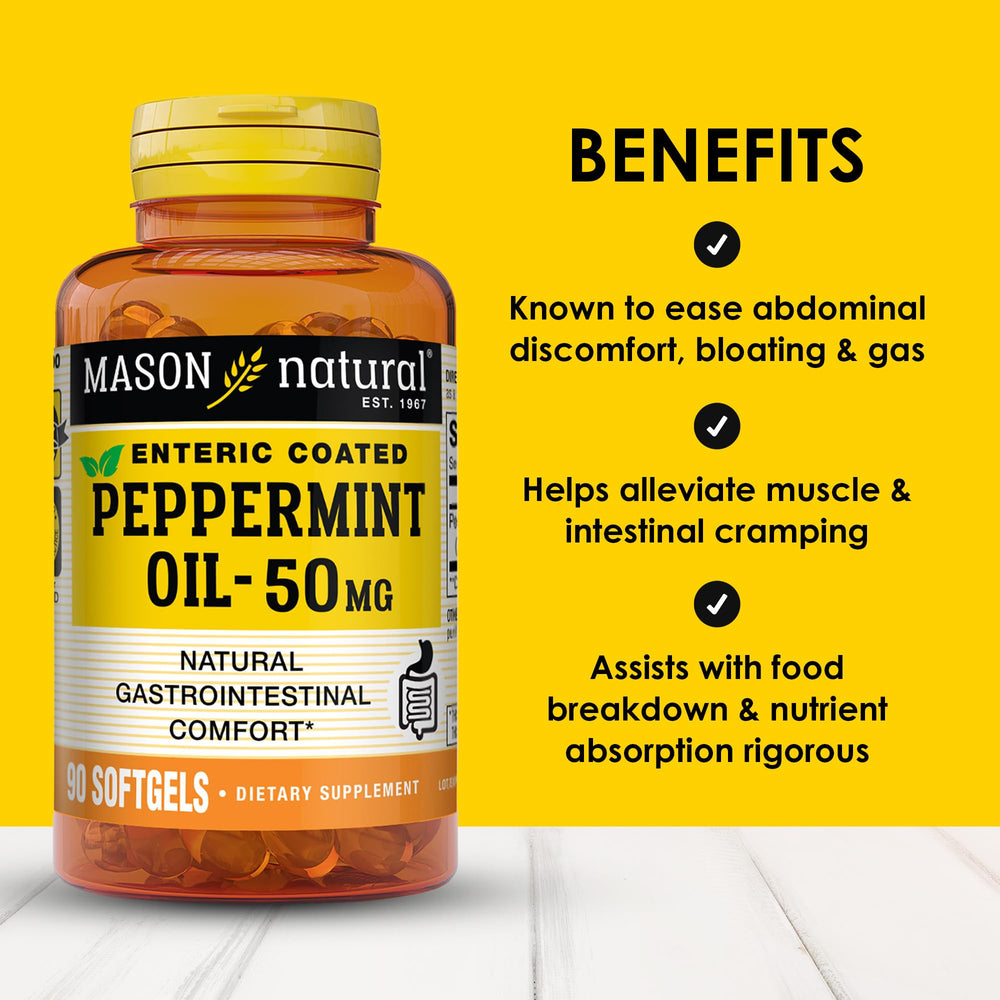 Mason Natural enteric-coated peppermint oil capsule dissolves in the intestines for targeted relief.