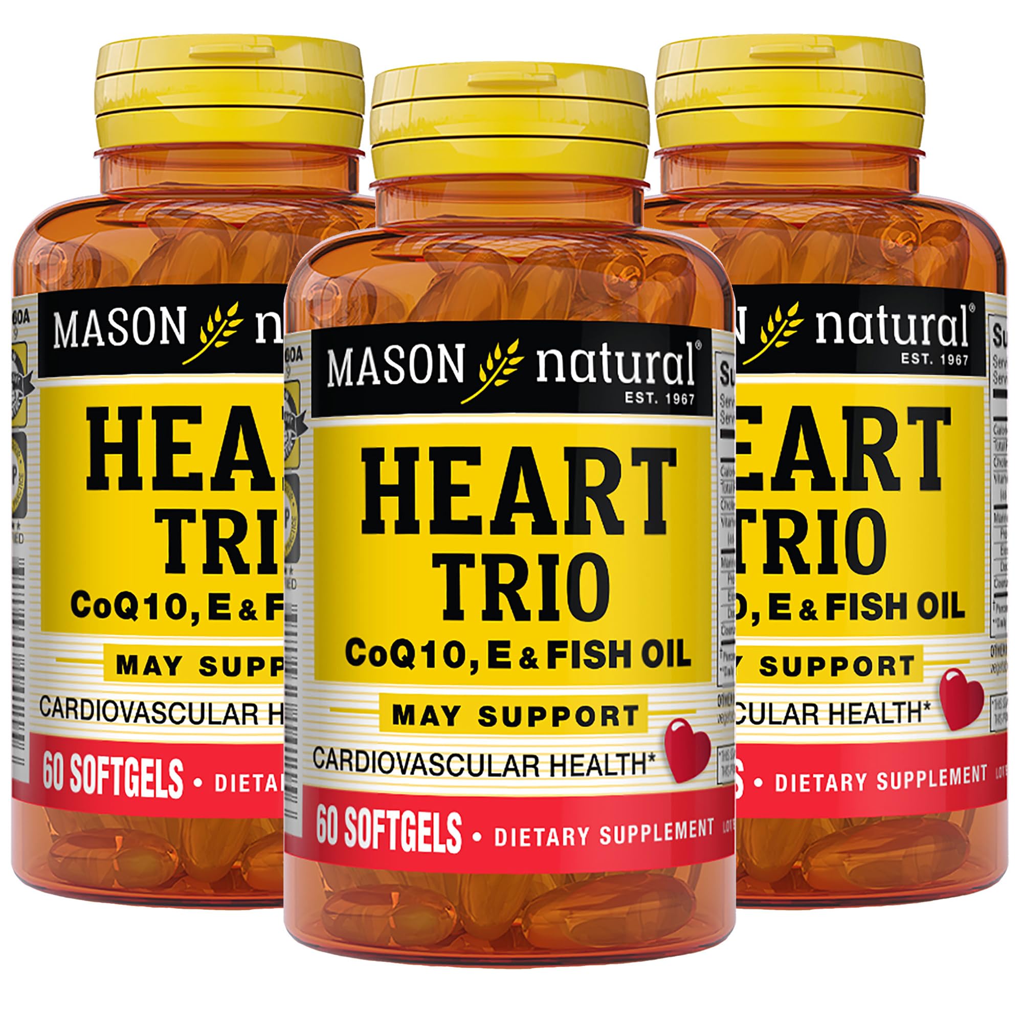 Mason Natural Heart Trio bottle front with softgels for daily heart support