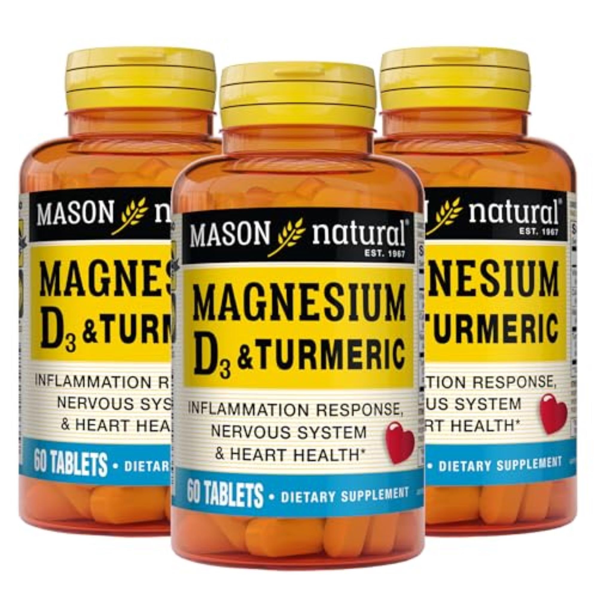 Mason Natural Magnesium D3 Turmeric bottle showing daily wellness potential for active adults